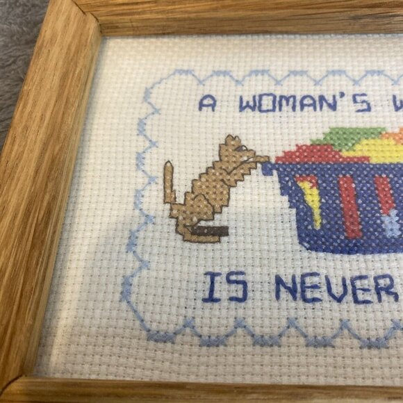 VTG Cross Stitch A Woman’s Work Is Never Done Cat Laundry Framed Picture 6 x 8” - Picture 3 of 8